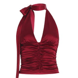 Elegant V - neck Satin Tank Tops with Tie Back Pleated Detail Bodycon Regular Eco - Friendly Breathable Casual - Zeprah