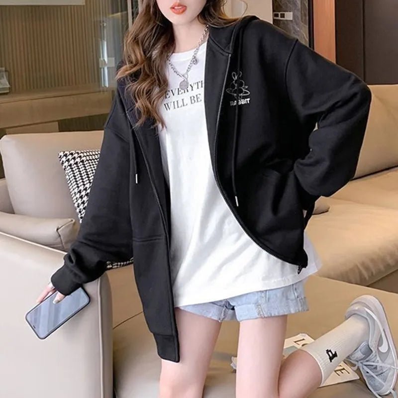 Embroidered Pattern Hooded Sweater Girls Cardigan Coat Spring Autumn Winter New Lazy Wind Loose Long Sleeve Coat - Zeprah