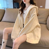 Embroidered Pattern Hooded Sweater Girls Cardigan Coat Spring Autumn Winter New Lazy Wind Loose Long Sleeve Coat - Zeprah