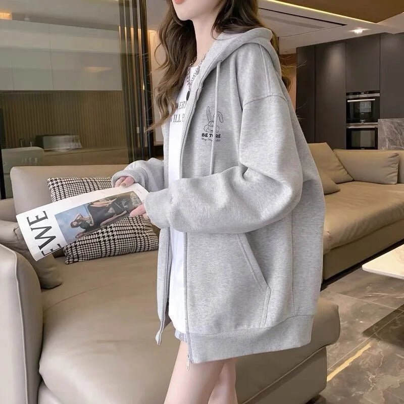Embroidered Pattern Hooded Sweater Girls Cardigan Coat Spring Autumn Winter New Lazy Wind Loose Long Sleeve Coat - Zeprah