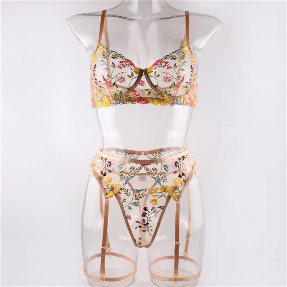 Embroidered Sexy Women's Underwear T Pants Bra Garter Belt Three - Piece Set - Zeprah