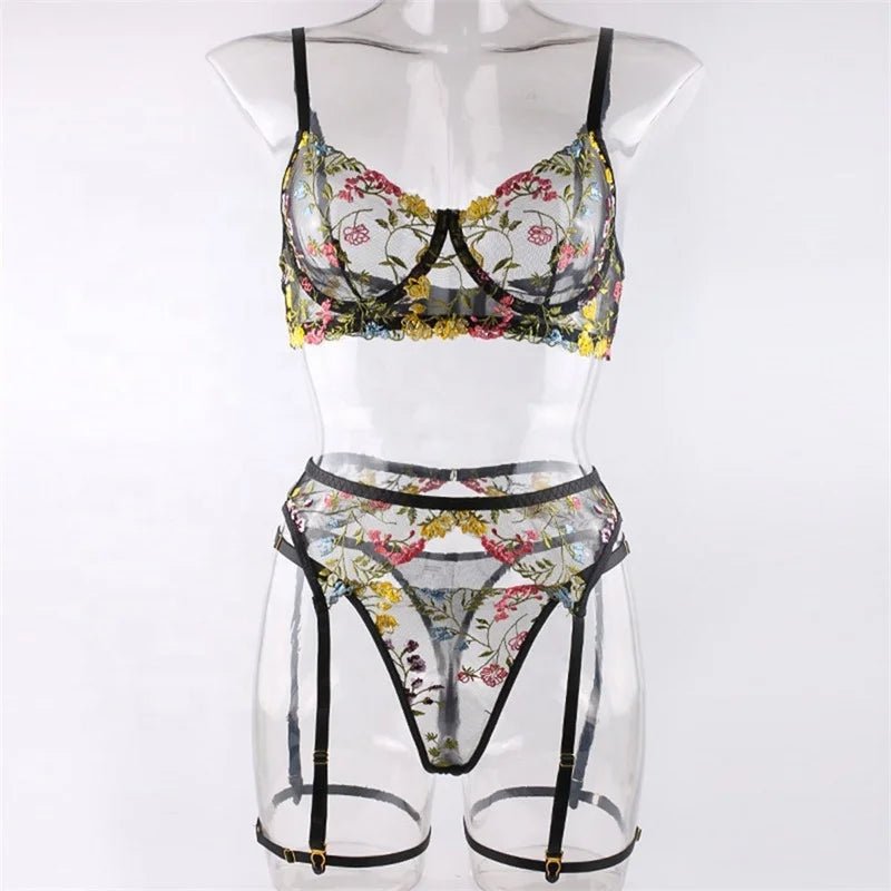 Embroidered Sexy Women's Underwear T Pants Bra Garter Belt Three - Piece Set - Zeprah