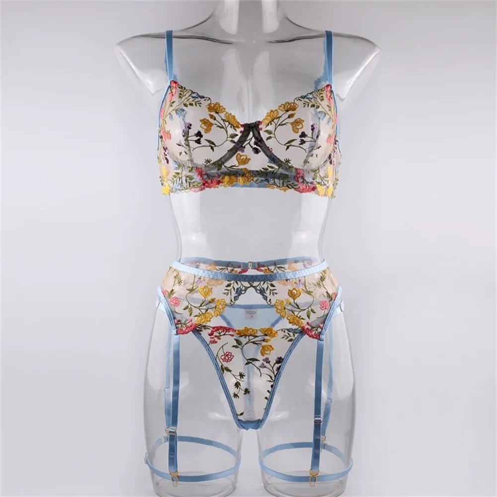 Embroidered Sexy Women's Underwear T Pants Bra Garter Belt Three - Piece Set - Zeprah