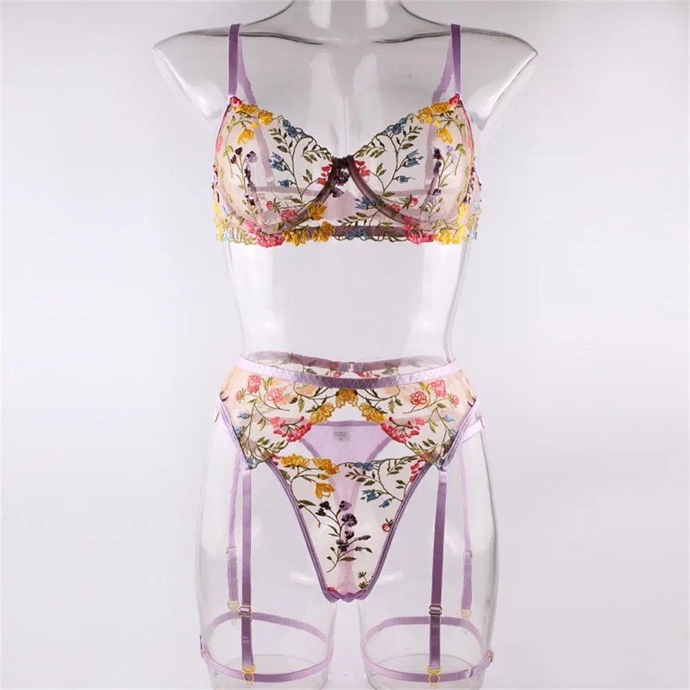 Embroidered Sexy Women's Underwear T Pants Bra Garter Belt Three - Piece Set - Zeprah