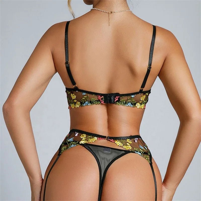 Embroidered Sexy Women's Underwear T Pants Bra Garter Belt Three - Piece Set - Zeprah
