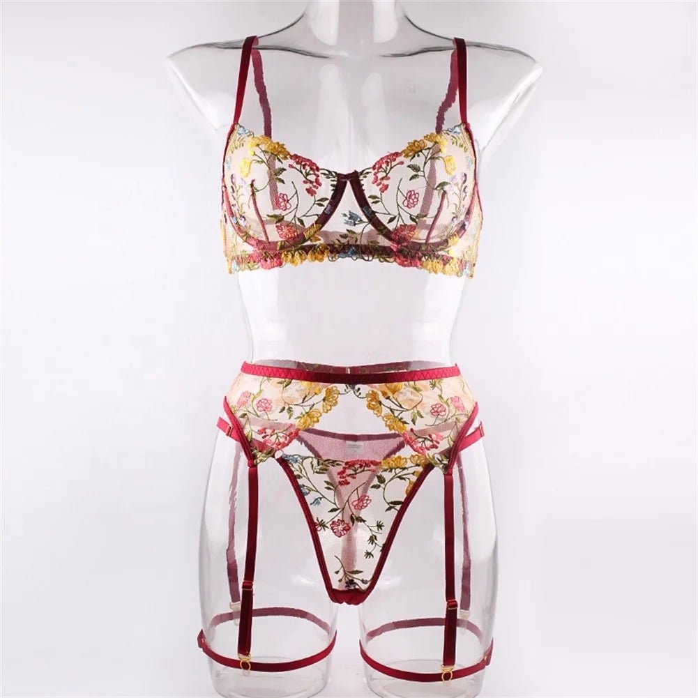 Embroidered Sexy Women's Underwear T Pants Bra Garter Belt Three - Piece Set - Zeprah