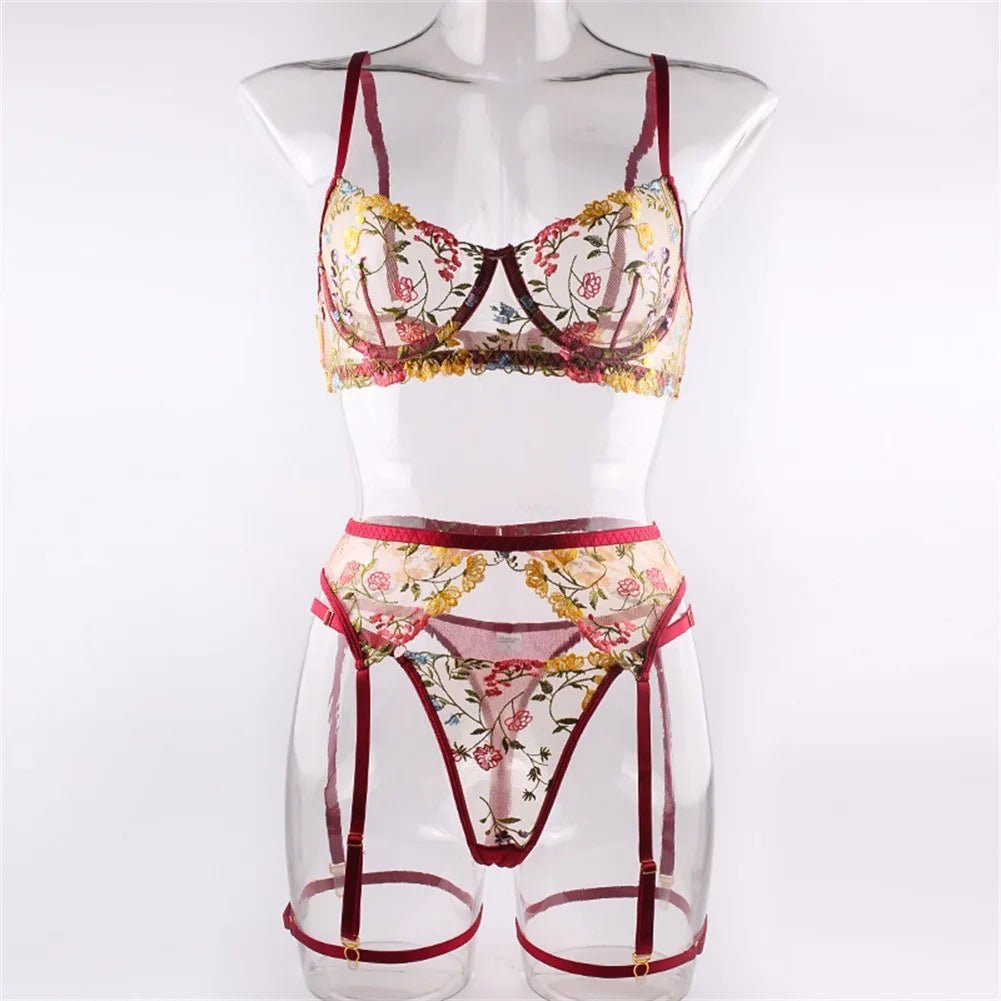Embroidered Sexy Women's Underwear T Pants Bra Garter Belt Three - Piece Set - Zeprah