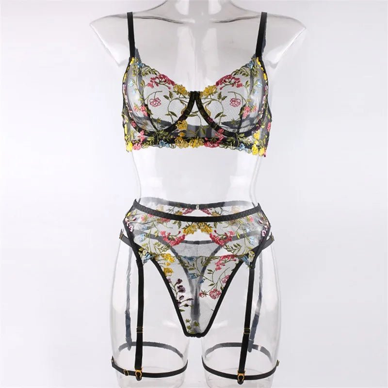 Embroidered Sexy Women's Underwear T Pants Bra Garter Belt Three - Piece Set - Zeprah