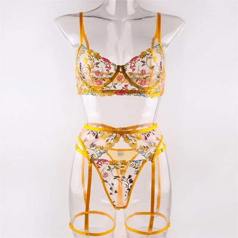 Embroidered Sexy Women's Underwear T Pants Bra Garter Belt Three - Piece Set - Zeprah