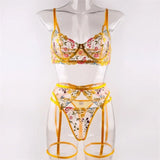 Embroidered Sexy Women's Underwear T Pants Bra Garter Belt Three - Piece Set - Zeprah