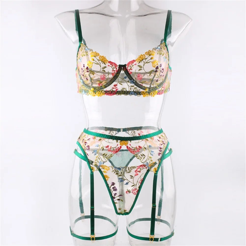 Embroidered Sexy Women's Underwear T Pants Bra Garter Belt Three - Piece Set - Zeprah