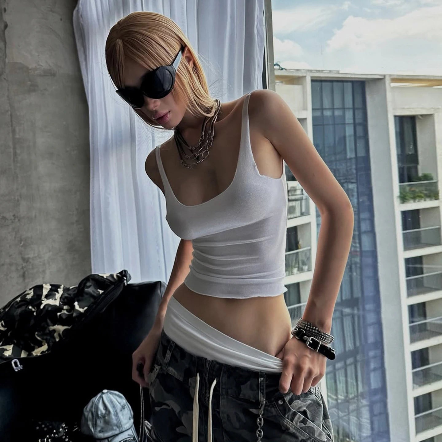 Euro American Style Women's White Short Patchwork Crop Top V - neck Sports Bra Sleeveless Tank Top Breathable Quick Dry - Zeprah