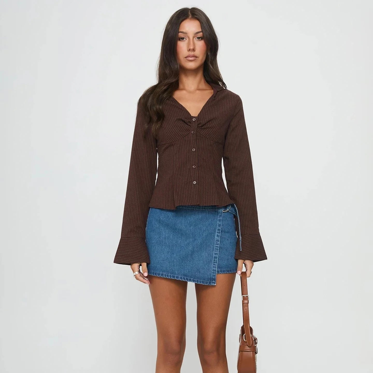 Euro American Vintage Style Women's Skinny Fit Striped Button Long Sleeve Blouse Brown Fashion Office Commute - Zeprah