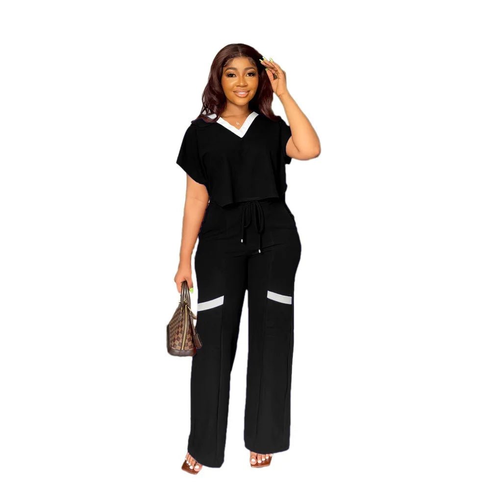 Europe and America Solid Color Casual Short - sleeved T-shirt Sports Suit Straight Pants Summer Women's 2 - piece set - Zeprah