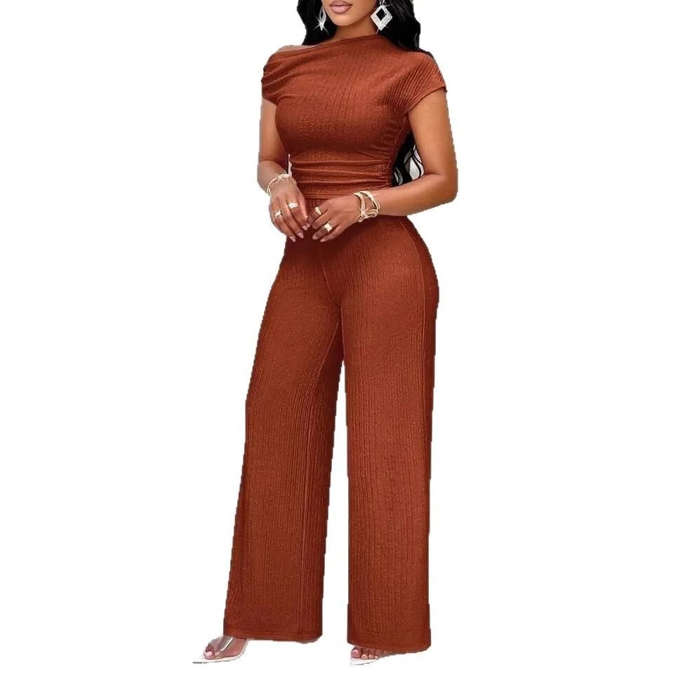 Europe and the United States Cross - border Solid Color Asymmetric Neckline Pleated Slim Top Wide Leg Pants Casual Two - Piece Set - Zeprah