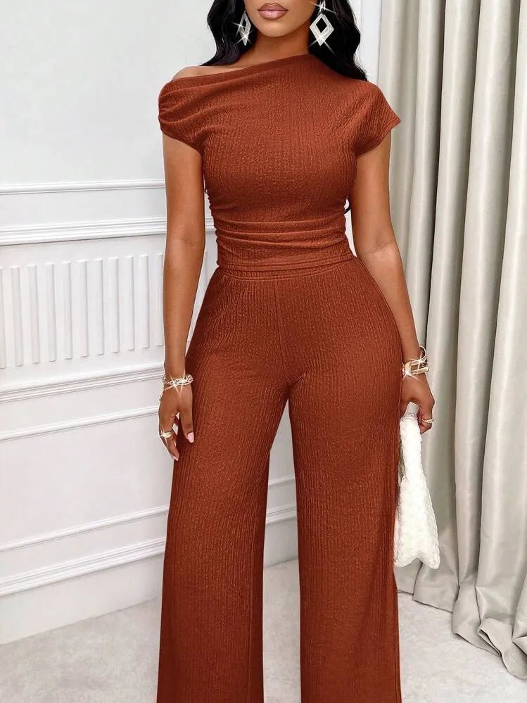 Europe and the United States Cross - border Solid Color Asymmetric Neckline Pleated Slim Top Wide Leg Pants Casual Two - Piece Set - Zeprah