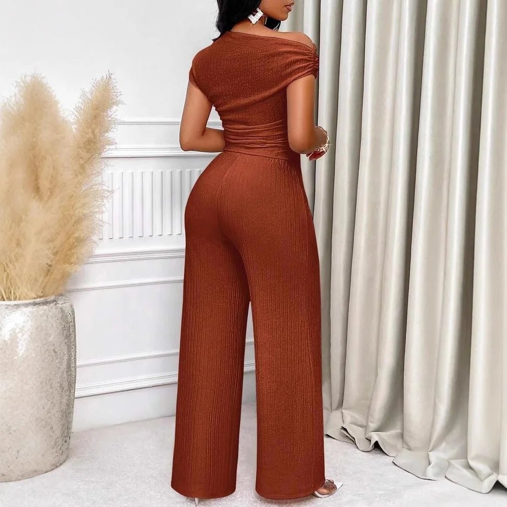 Europe and the United States Cross - border Solid Color Asymmetric Neckline Pleated Slim Top Wide Leg Pants Casual Two - Piece Set - Zeprah