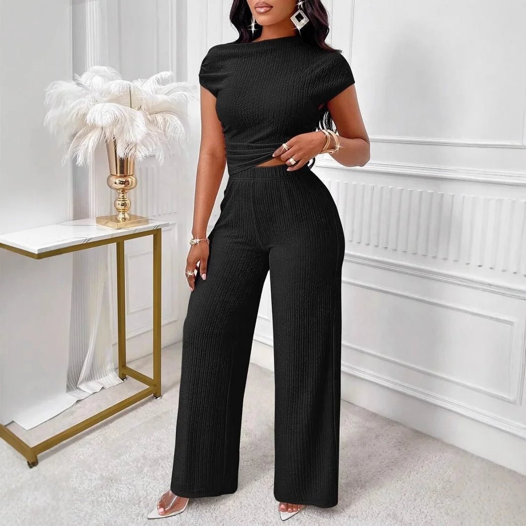 Europe and the United States Cross - border Solid Color Asymmetric Neckline Pleated Slim Top Wide Leg Pants Casual Two - Piece Set - Zeprah