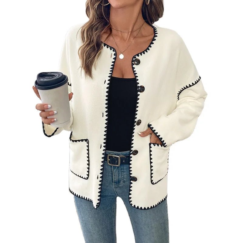European American Autumn Commuting Casual Loose Minimalist Single Breasted White Trim Jacket - Zeprah