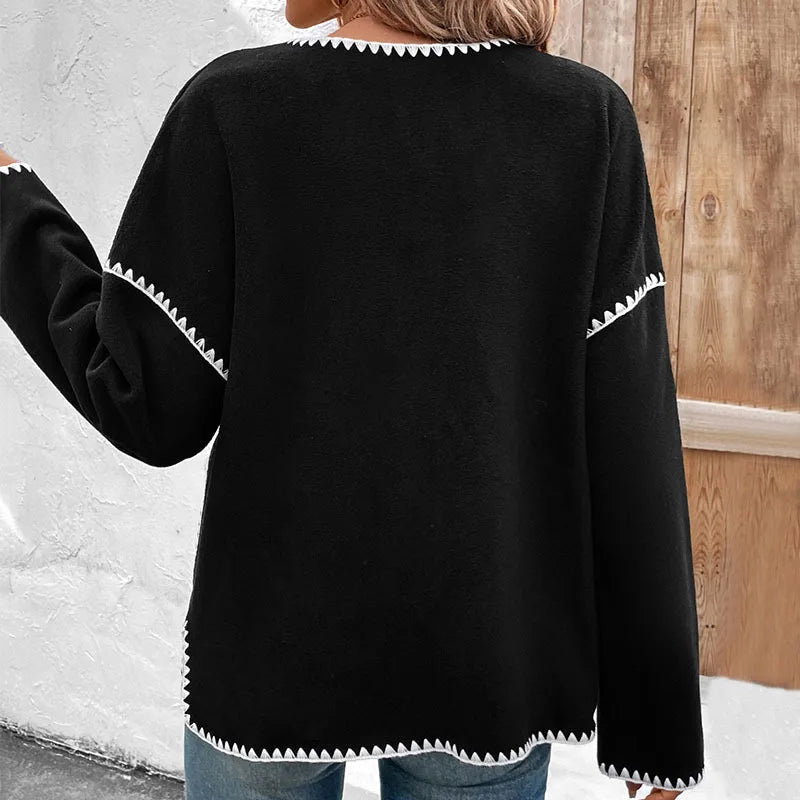 European American Autumn Commuting Casual Loose Minimalist Single Breasted White Trim Jacket - Zeprah