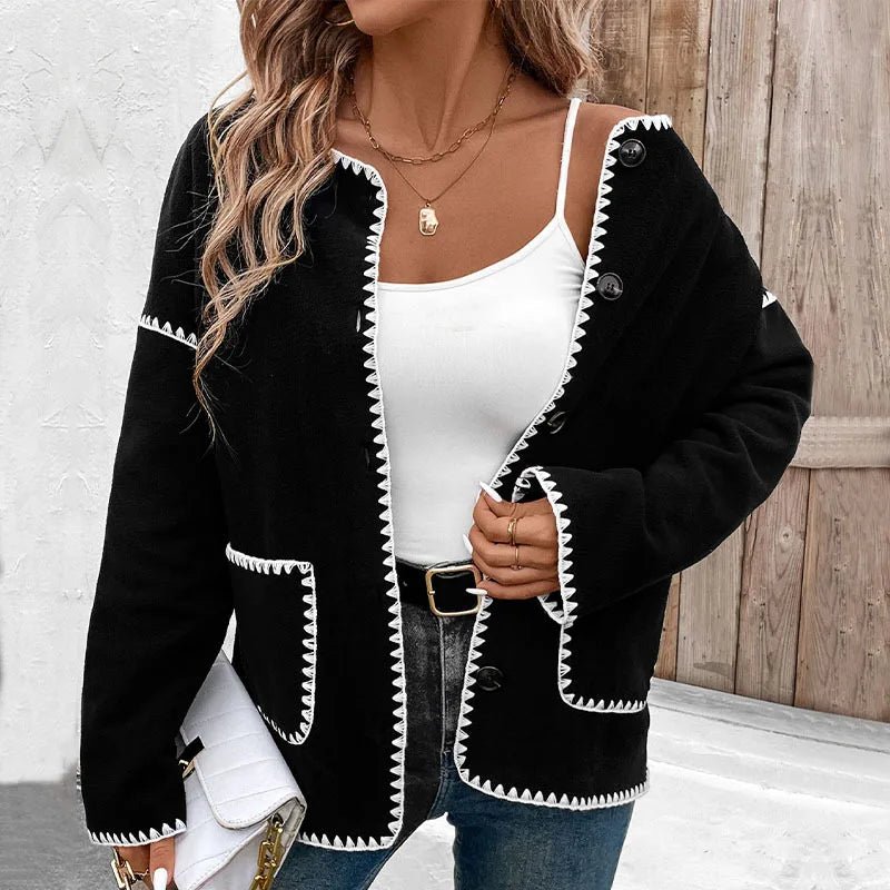 European American Autumn Commuting Casual Loose Minimalist Single Breasted White Trim Jacket - Zeprah