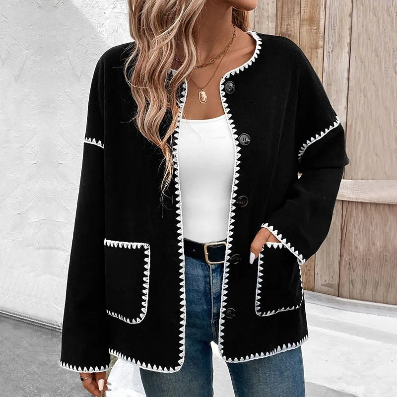 European American Autumn Commuting Casual Loose Minimalist Single Breasted White Trim Jacket - Zeprah