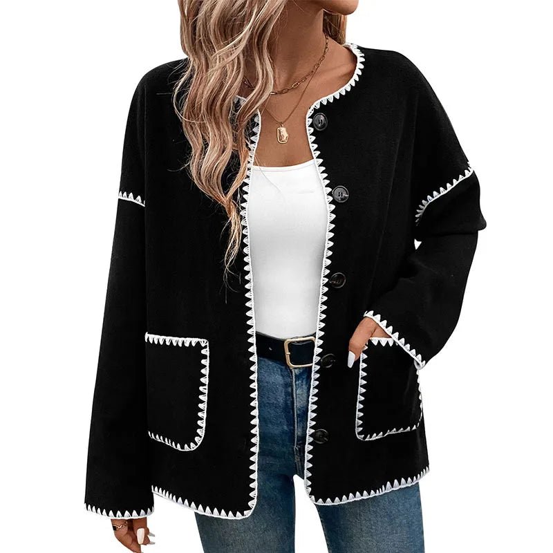 European American Autumn Commuting Casual Loose Minimalist Single Breasted White Trim Jacket - Zeprah