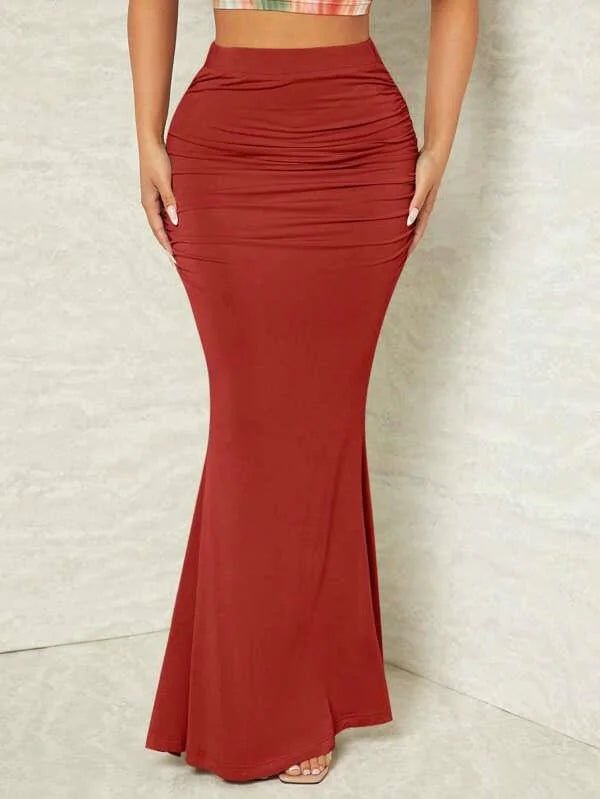 European American Cross - border Women's Autumn Winter Independent Station High Waist Slim Elastic Pleated Fish Tail Midi Skirt - Zeprah