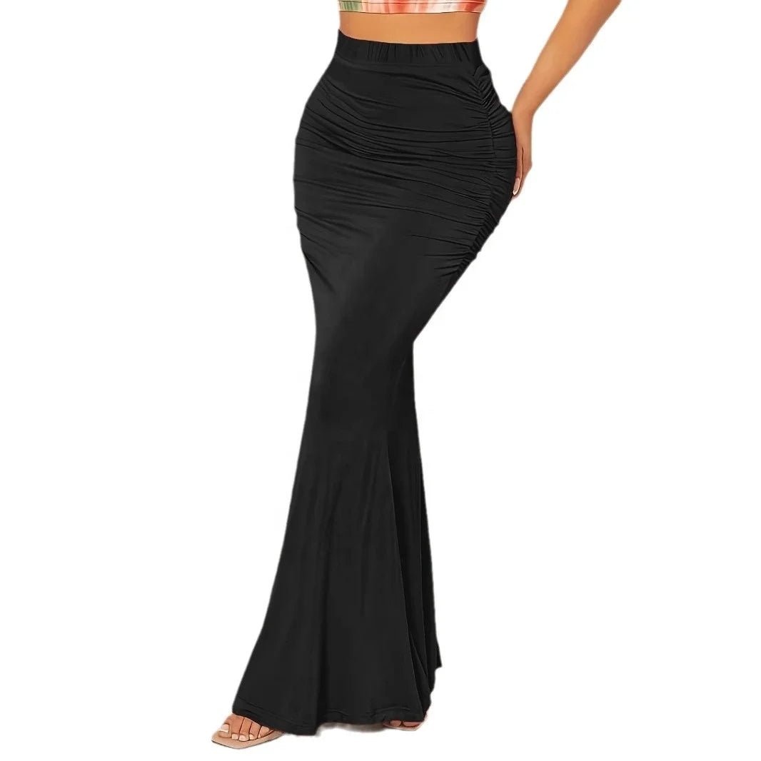 European American Cross - border Women's Autumn Winter Independent Station High Waist Slim Elastic Pleated Fish Tail Midi Skirt - Zeprah