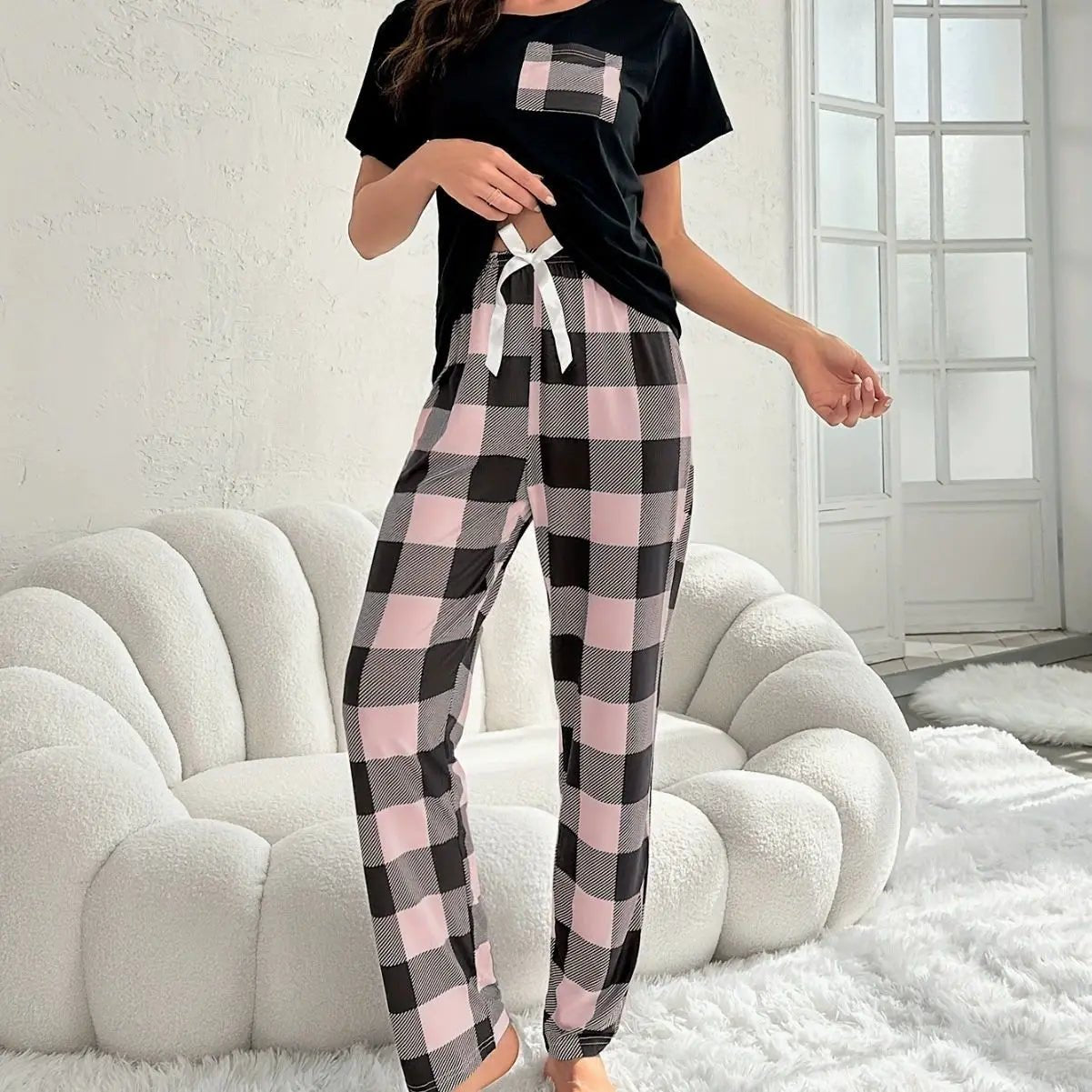 European American Cross - Border Women's Plaid Two - Piece Set Casual Comfortable Summer Homewear Pajamas Elastic Waist Pockets Thin - Zeprah