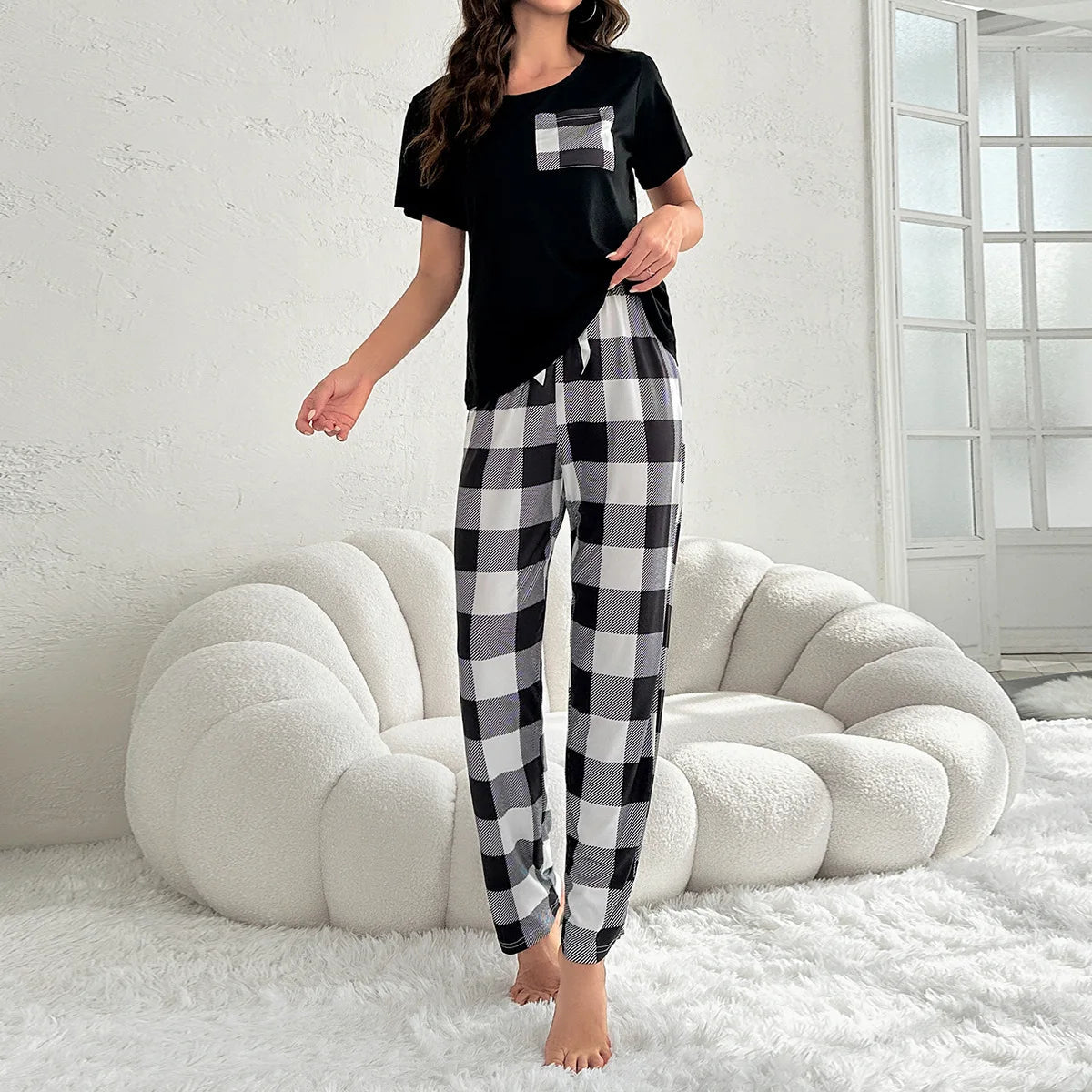 European American Cross - Border Women's Plaid Two - Piece Set Casual Comfortable Summer Homewear Pajamas Elastic Waist Pockets Thin - Zeprah