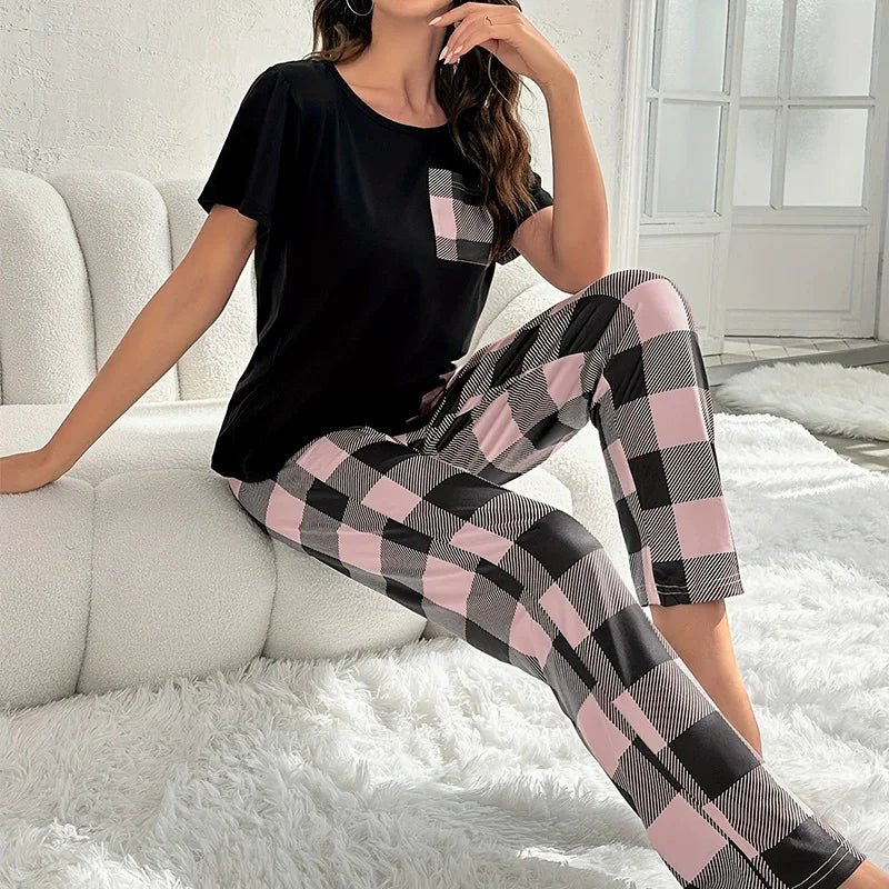 European American Cross - Border Women's Plaid Two - Piece Set Casual Comfortable Summer Homewear Pajamas Elastic Waist Pockets Thin - Zeprah