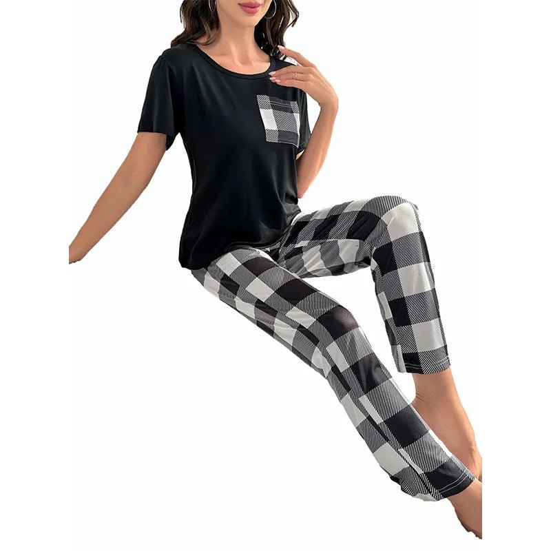European American Cross - Border Women's Plaid Two - Piece Set Casual Comfortable Summer Homewear Pajamas Elastic Waist Pockets Thin - Zeprah