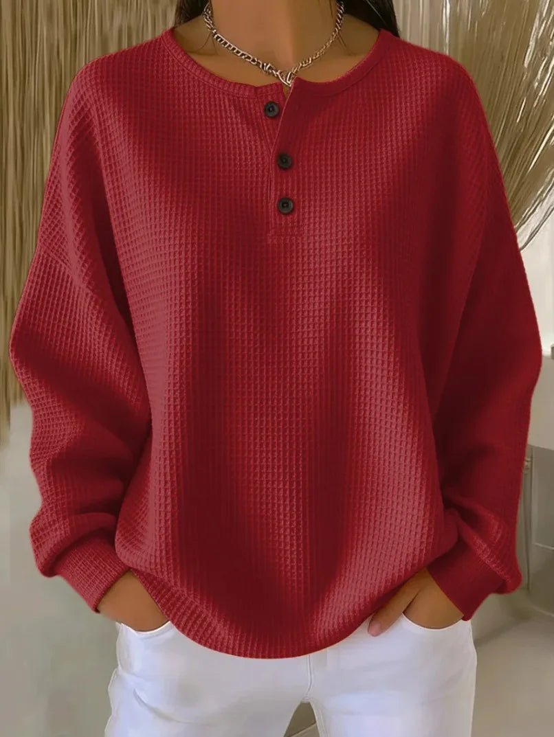 European American Fashion Regular Sleeve Crew Neck Waffle Autumn Solid Color Sweatshirt - Zeprah