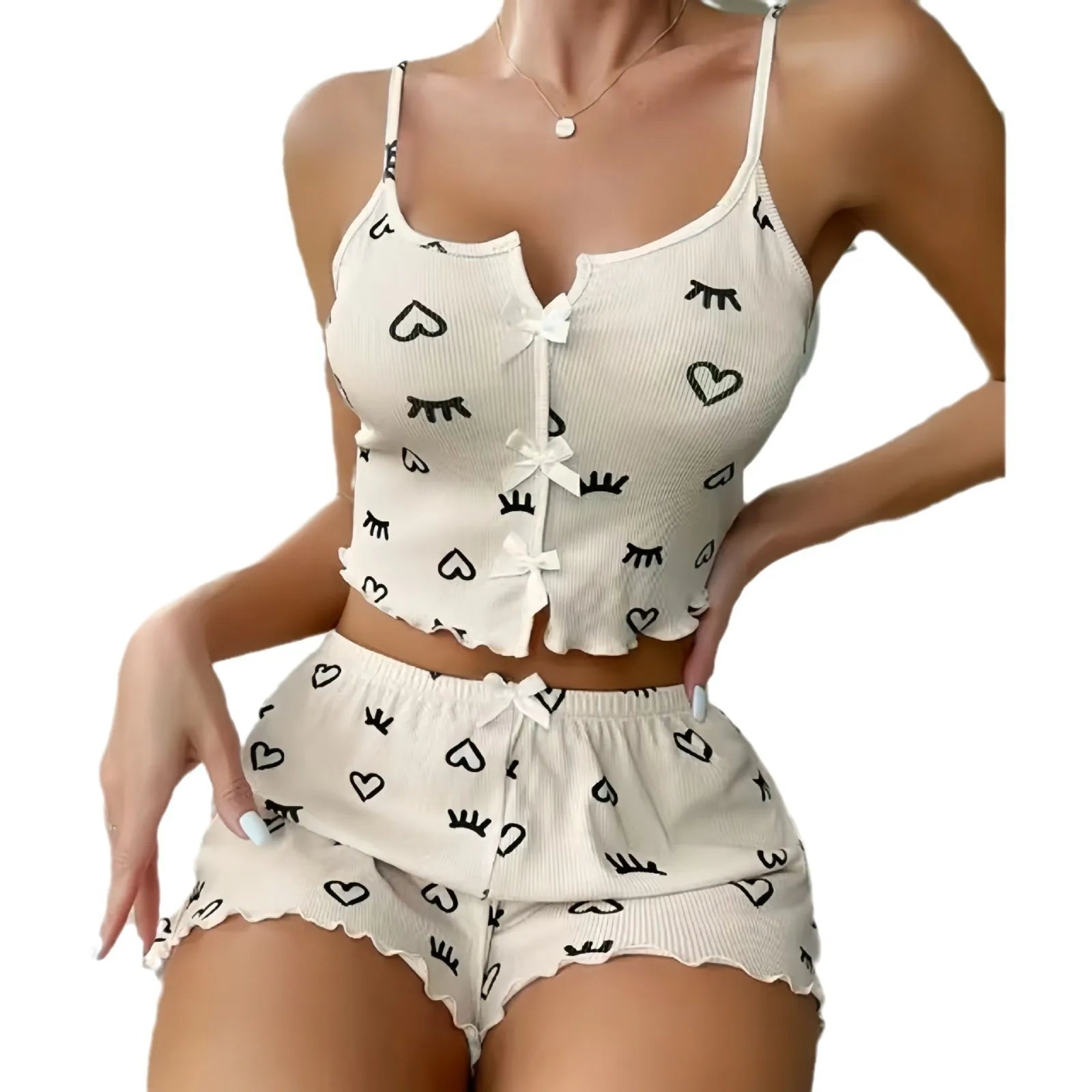European American Floral Print Sexy Pajama Set for Women Heart - Shaped Eyelash Ribbed Sleepwear Elastic Waist New - Zeprah