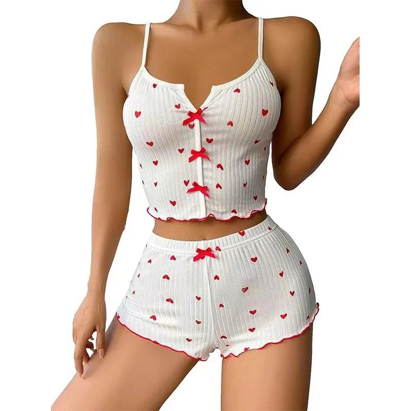 European American Floral Print Sexy Pajama Set for Women Heart - Shaped Eyelash Ribbed Sleepwear Elastic Waist New - Zeprah