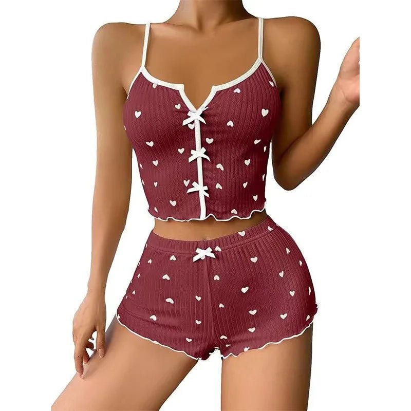 European American Floral Print Sexy Pajama Set for Women Heart - Shaped Eyelash Ribbed Sleepwear Elastic Waist New - Zeprah