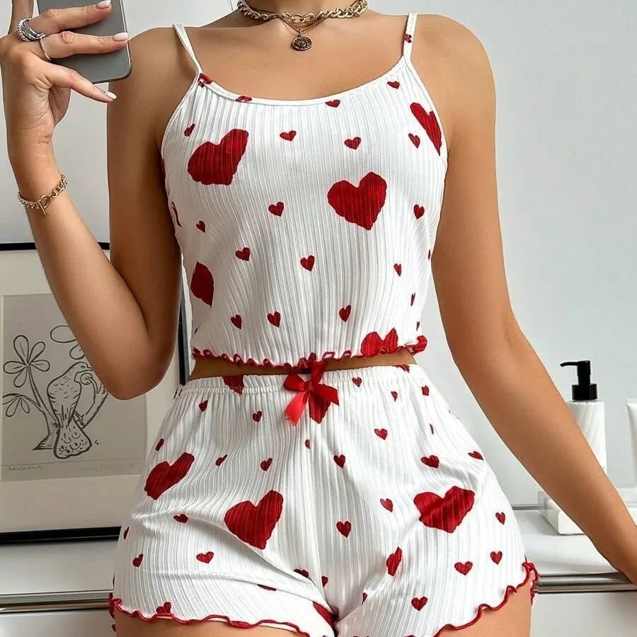 European American Floral Print Sexy Pajama Set for Women Heart - Shaped Eyelash Ribbed Sleepwear Elastic Waist New - Zeprah