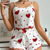 European American Floral Print Sexy Pajama Set for Women Heart - Shaped Eyelash Ribbed Sleepwear Elastic Waist New - Zeprah