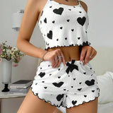 European American Floral Print Sexy Pajama Set for Women Heart - Shaped Eyelash Ribbed Sleepwear Elastic Waist New - Zeprah