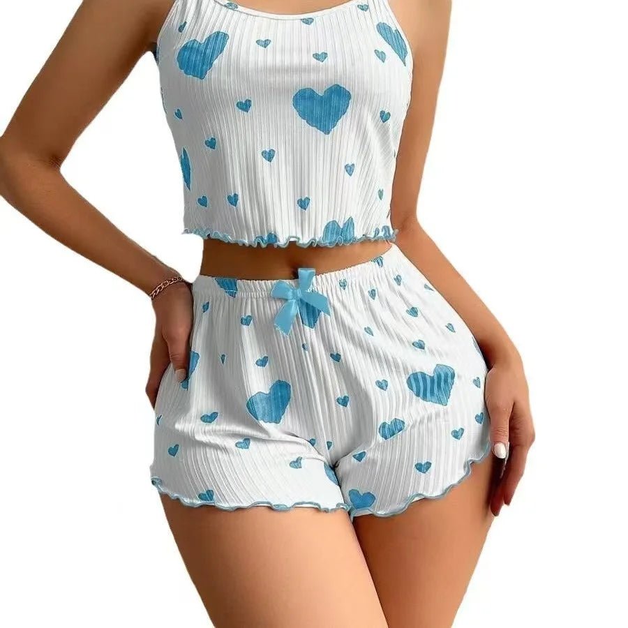 European American Floral Print Sexy Pajama Set for Women Heart - Shaped Eyelash Ribbed Sleepwear Elastic Waist New - Zeprah