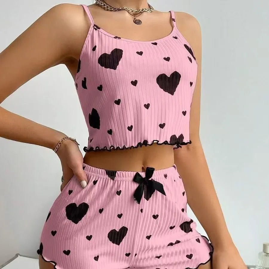 European American Floral Print Sexy Pajama Set for Women Heart - Shaped Eyelash Ribbed Sleepwear Elastic Waist New - Zeprah