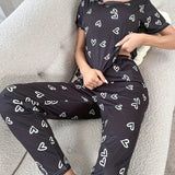 European American Heart Pattern Printed Two - Piece Pajama Set Short - Sleeved Long Pants Women's Plus Size Sleepwear - Zeprah