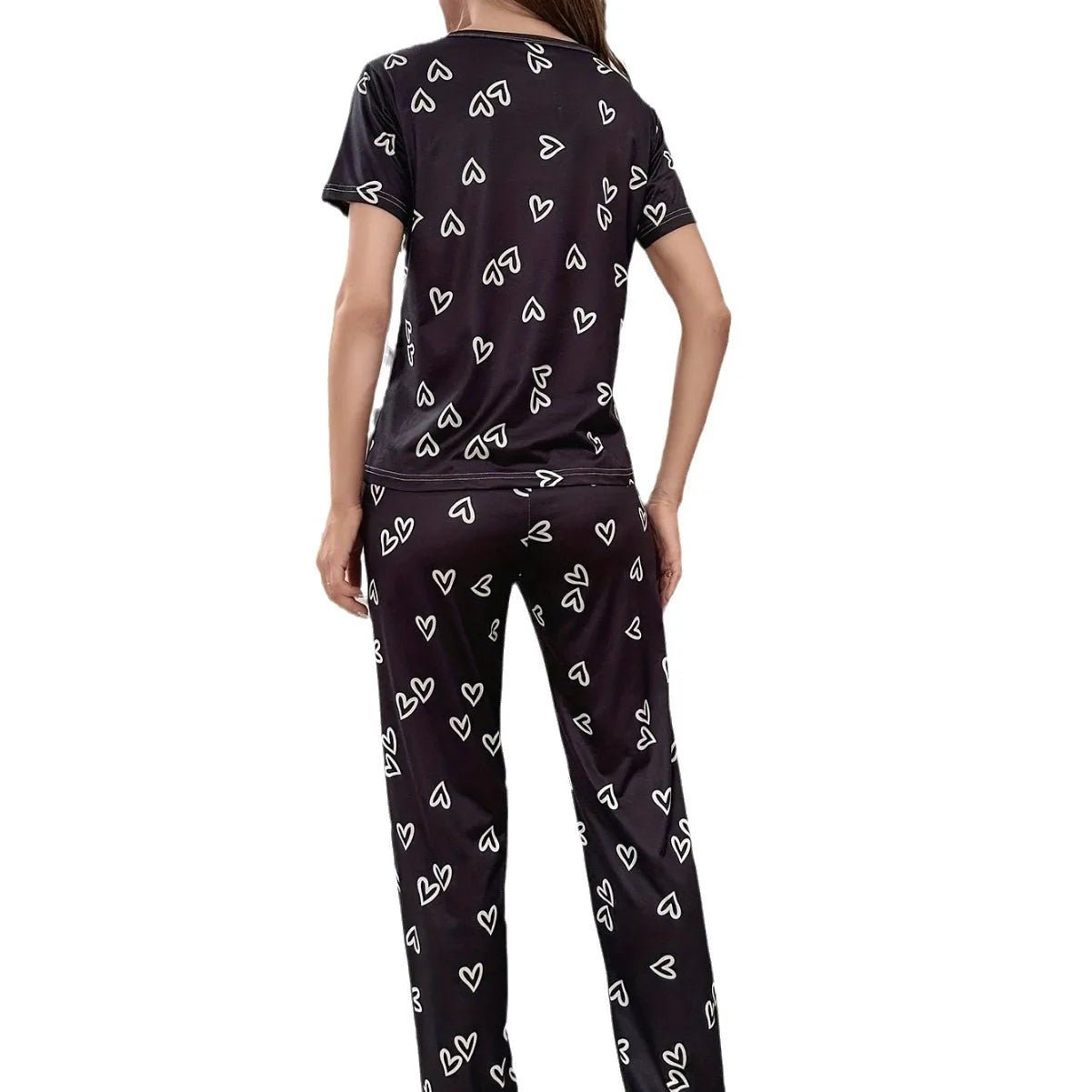 European American Heart Pattern Printed Two - Piece Pajama Set Short - Sleeved Long Pants Women's Plus Size Sleepwear - Zeprah
