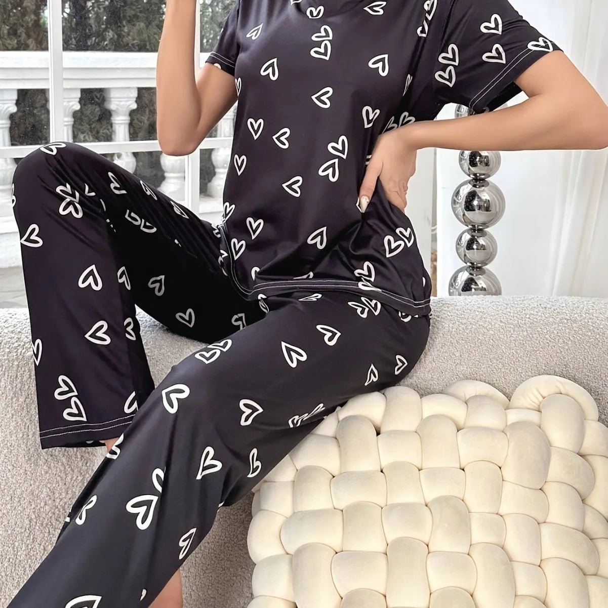 European American Heart Pattern Printed Two - Piece Pajama Set Short - Sleeved Long Pants Women's Plus Size Sleepwear - Zeprah