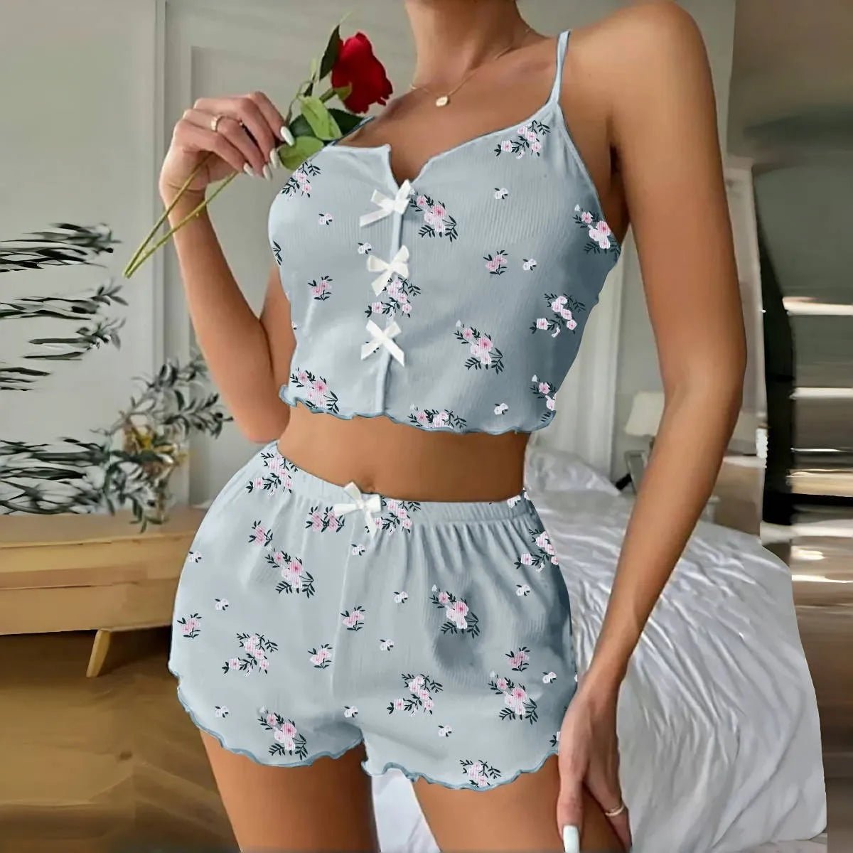 European American Heart - shaped Eyelash Printed Ribbed Breathable Elastic Waist Pajama Set Women's - Zeprah