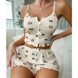 European American Heart - shaped Eyelash Printed Ribbed Breathable Elastic Waist Pajama Set Women's - Zeprah