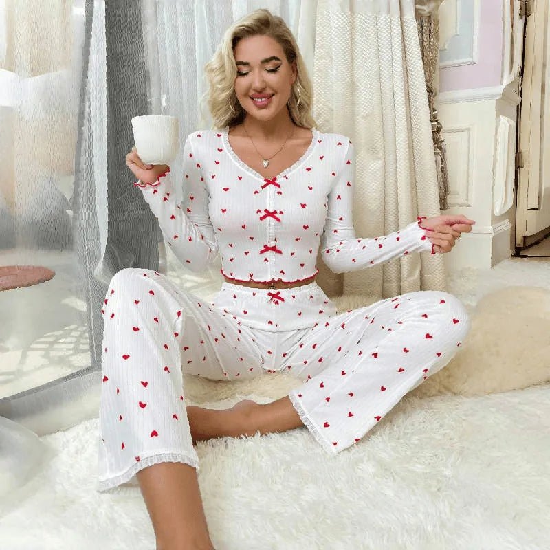 European American Home Clothes Love Printed V - neck Jacquard Long - sleeved Pajamas Women's Outer - Wearing - Zeprah