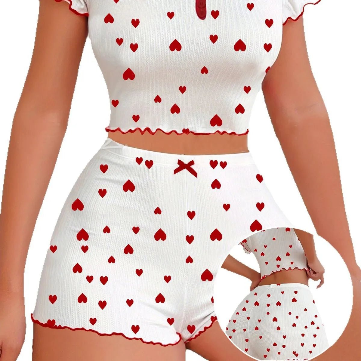 European American Jacquard Ribbed Shorts Women's Short - Sleeved Pajama Set Heart Pattern Can Be Worn Loungewear - Zeprah