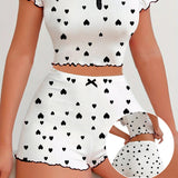 European American Jacquard Ribbed Shorts Women's Short - Sleeved Pajama Set Heart Pattern Can Be Worn Loungewear - Zeprah